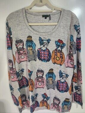 Tricotto Light Gray Knit Sweater with Dogs, Size Large